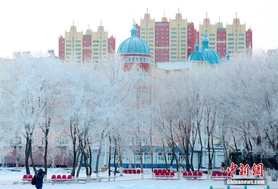 12月10日,受降溫天氣影響,黑河市黑龍江江畔出現(xiàn)綿延數(shù)公里的霧凇景觀。