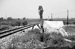 6月30日， 農(nóng)戶用搭建的窩棚和電線桿阻擋了鐵路的施工。新華社發(fā)