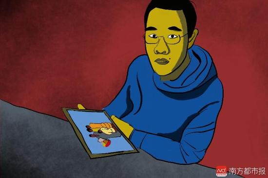 王煥凱看著一家人幸福的合照，黯然神傷，悔不當(dāng)初。（畫作者：吳斌）