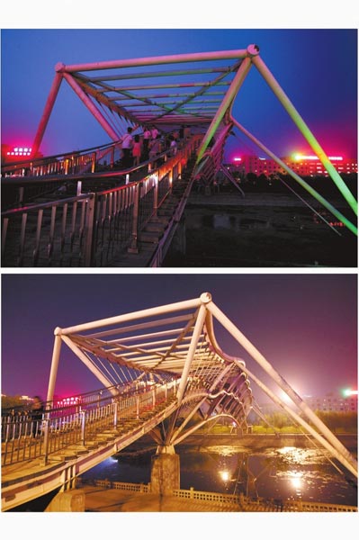 花園路西側(cè)東風(fēng)渠景觀橋，上圖攝于7月31日晚間，下圖攝于10月9日晚間。