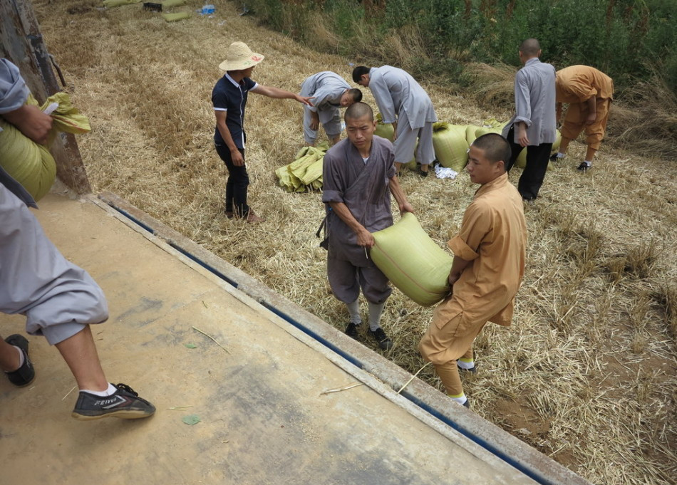 武僧將打包后的糧食集中至運(yùn)輸車輛上。